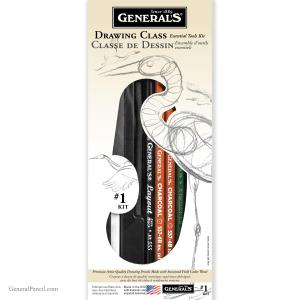 The General's® Drawing Class™ Essential Tools™ Kit comes packaged with a set of charcoal pencils and drawing tools, featuring an artistic heron illustration and product information in both English and French.