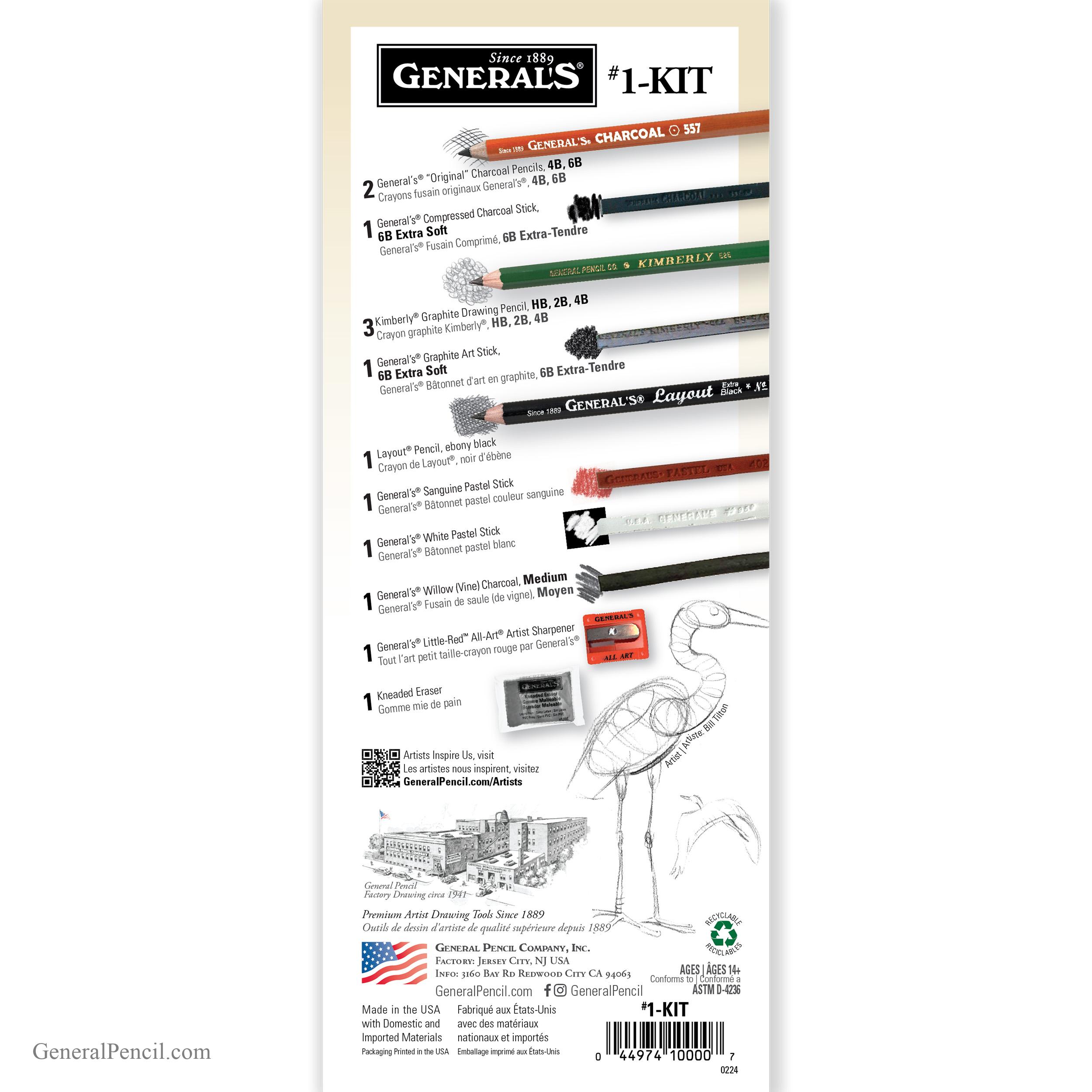 The General's® Drawing Class™ Essential Tools™ Kit packaging showcases an array of art supplies, such as charcoal and graphite pencils, erasers, and sharpeners. The lower section highlights a crane sketch in progress. The packaging also provides product details and contact information.