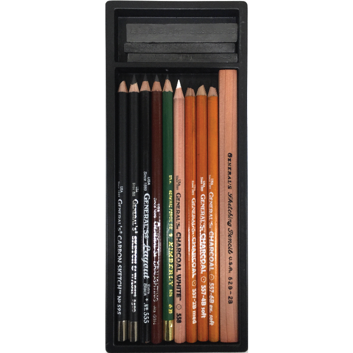 A black tray holding a set of art pencils arranged in two rows. The set includes different types of charcoal pencils, a green eraser stick, and multiple graphite pencils in various shades. Each pencil is labeled with its type and hardness.