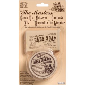 A blister pack contains "The Masters" Clean Up Kit by General Pencil Company. It includes a bar of hand soap and a brush cleaner/preserver. The packaging is decorated with vintage-style graphics and text in English, French, and Spanish.