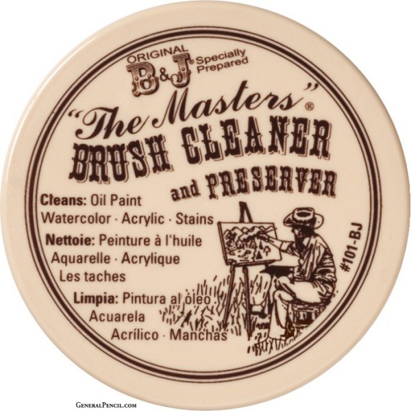 A round, beige container lid for "The Masters Brush Cleaner and Preserver." The label includes text in English, French, and Spanish, specifying that it cleans oil paint, watercolor, acrylic, and stains. It features an illustration of a seated artist painting.