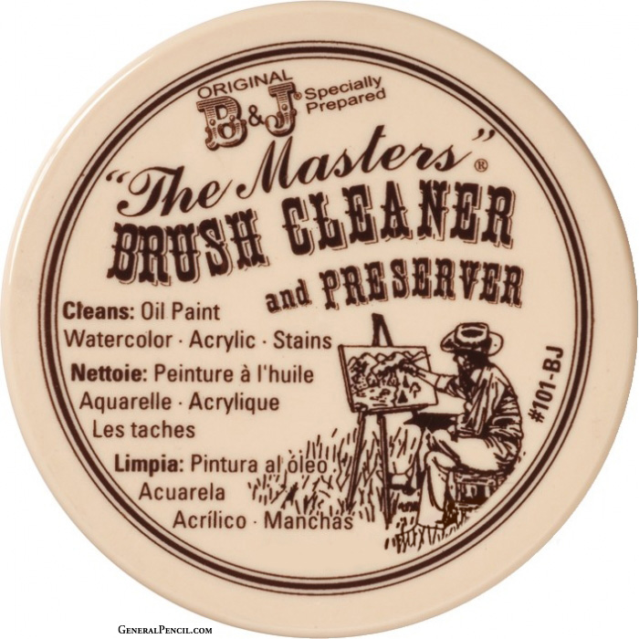 A round, beige container lid for "The Masters Brush Cleaner and Preserver." The label includes text in English, French, and Spanish, specifying that it cleans oil paint, watercolor, acrylic, and stains. It features an illustration of a seated artist painting.