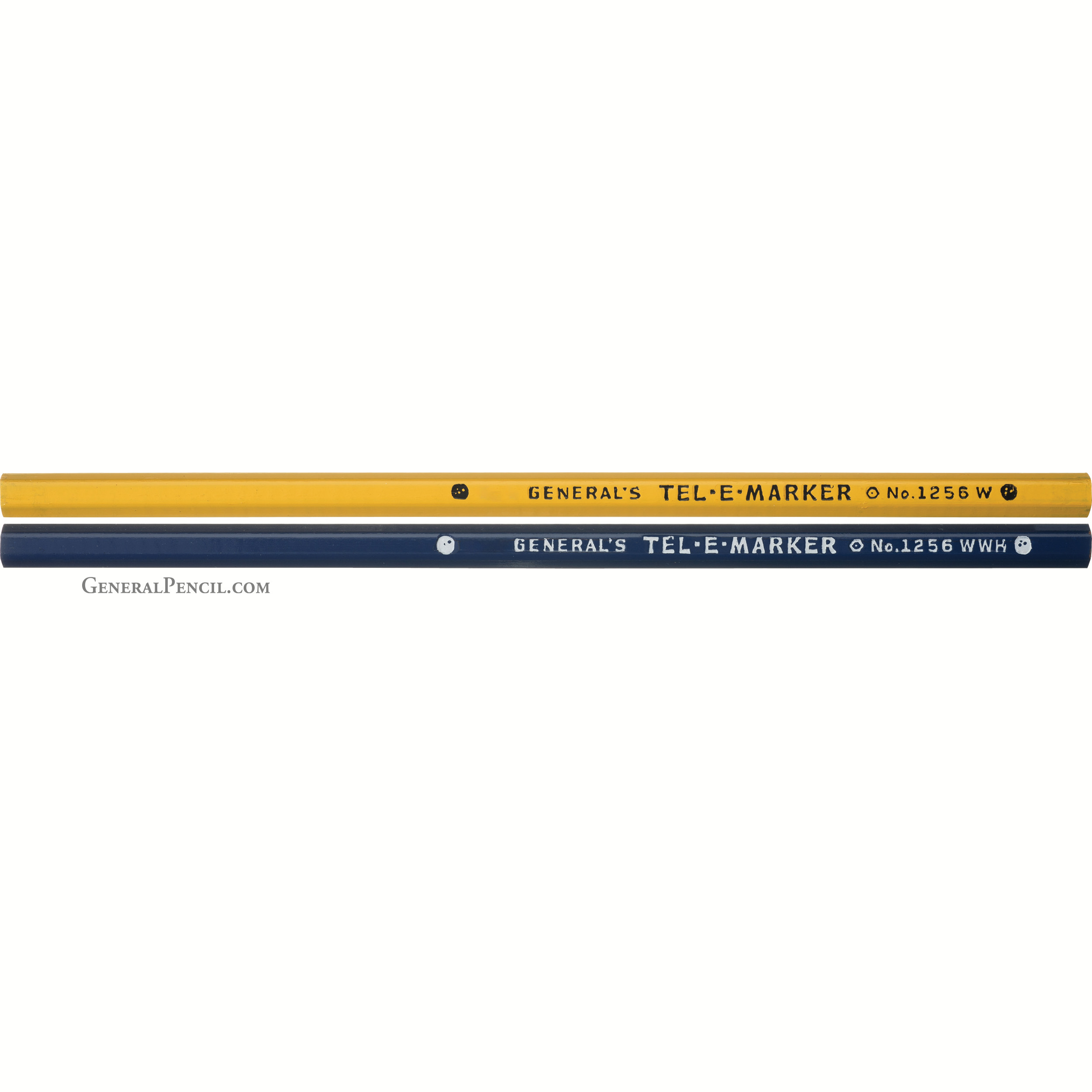 Image of two General's® Tel-E-Marker® pencils, one in yellow (No. 1256 W) and the other in dark blue (No. 1256 WWH). The pencils are aligned horizontally, showcasing their manufacturer’s branding and model numbers.