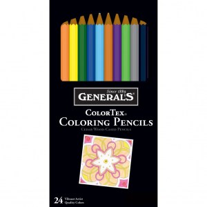 A black box of General's® Color-Tex® coloring pencils. The top of the box displays 12 visible colored pencils arranged in a rainbow. The lower part shows an intricate, multicolored flower illustration. The box contains 24 cedar wood-cased pencils.