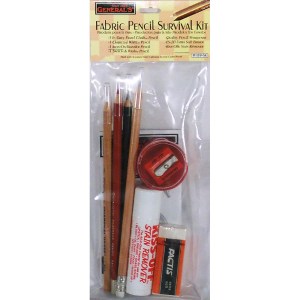 An art supplies pack labeled "Fabric Pencil Survival Kit" containing various tools, including two wooden pencils, sharpener, brush, fabric eraser, white eraser, and spot remover stick, all in a clear plastic case.