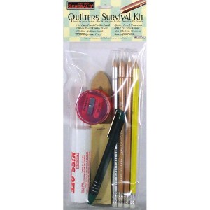 A packaged kit labeled "Quilter's Survival Kit" includes pencils, a pencil sharpener, a small container of liquid, an eraser, a wood pressing tool, and a few other small tools. The items are visible through the clear plastic packaging.