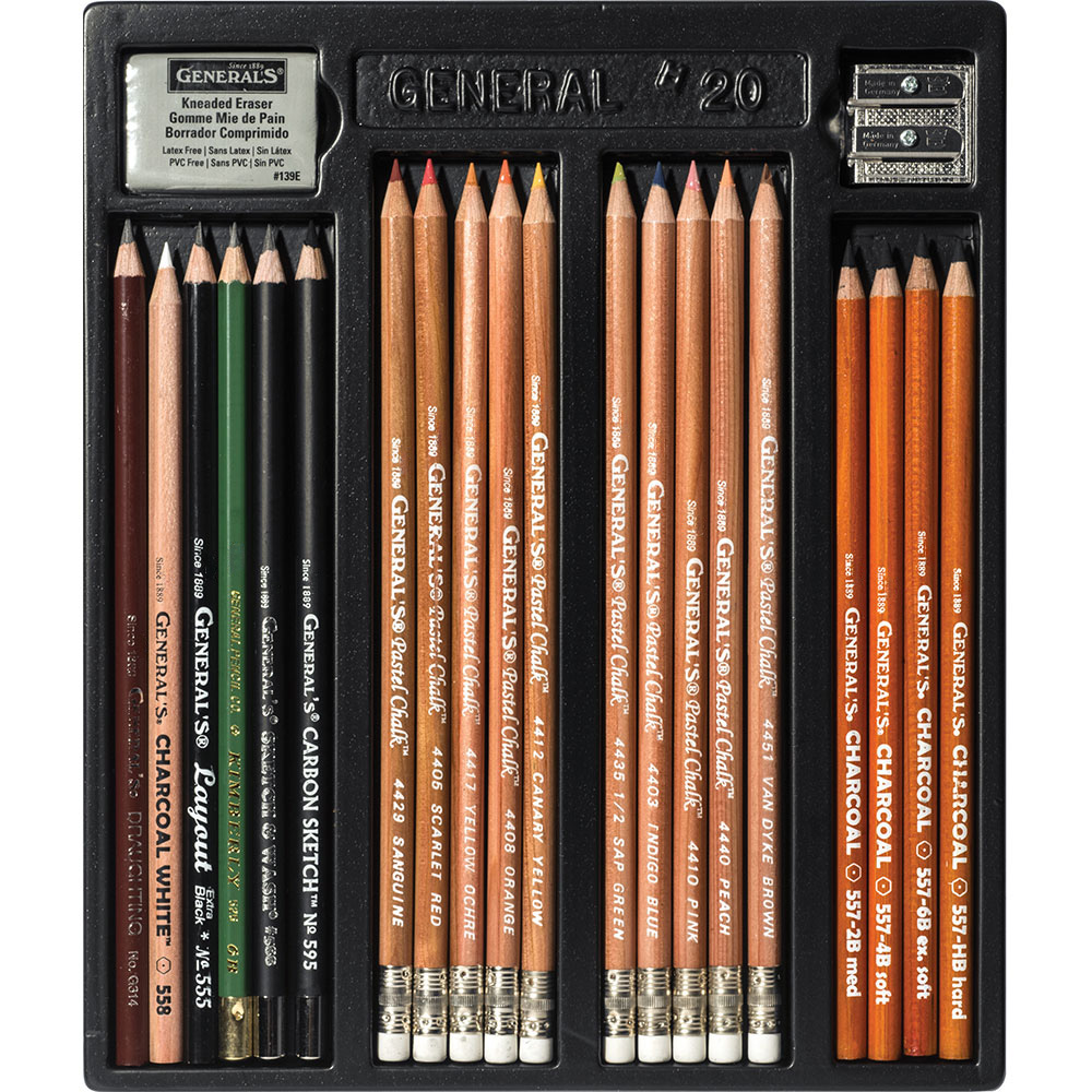 A 20-piece General's® drawing pencil set in a black tray. It includes assorted graphite and charcoal pencils, a sharpener, a charcoal white pencil, an eraser, and a couple of other drawing tools. The pencils vary in shades and purposes, catering to different sketching needs.