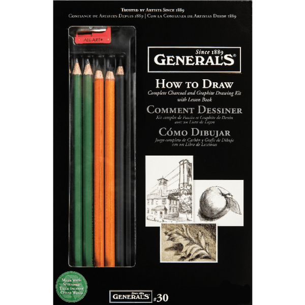 A drawing kit package featuring three charcoal pencils, one green and one orange graphite pencil, an eraser, and a sharpener. The package reads "General's® How to Draw" and includes an instructional booklet with a sketch of a bridge, leaf, and peach.