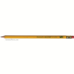 A yellow, wooden, graphite pencil is shown on a white background. The pencil has a sharpened lead tip on one end and a pink eraser with a gold metal band on the other. The text "General's® BADGER 310" is printed on the body of the pencil.