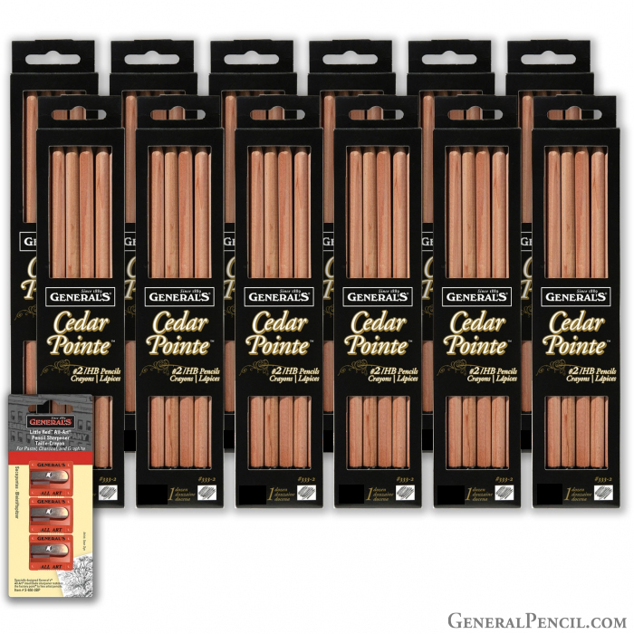 12 Rectangular black boxes with General's® Cedar Pointe® #2/HB Pencils written on it in White. The box has two windows showing the Cedar Pointe® pencils which are cedar wood finished with a black imprint. Also shown is a three pack of red General's® Little-Red™ All-Art® pencil sharpeners that are on a card that has a drawing of the factory in grey, above a red stripe. The bottom of the card is yellow with a drawing of an oak tree in the bottom right corner.