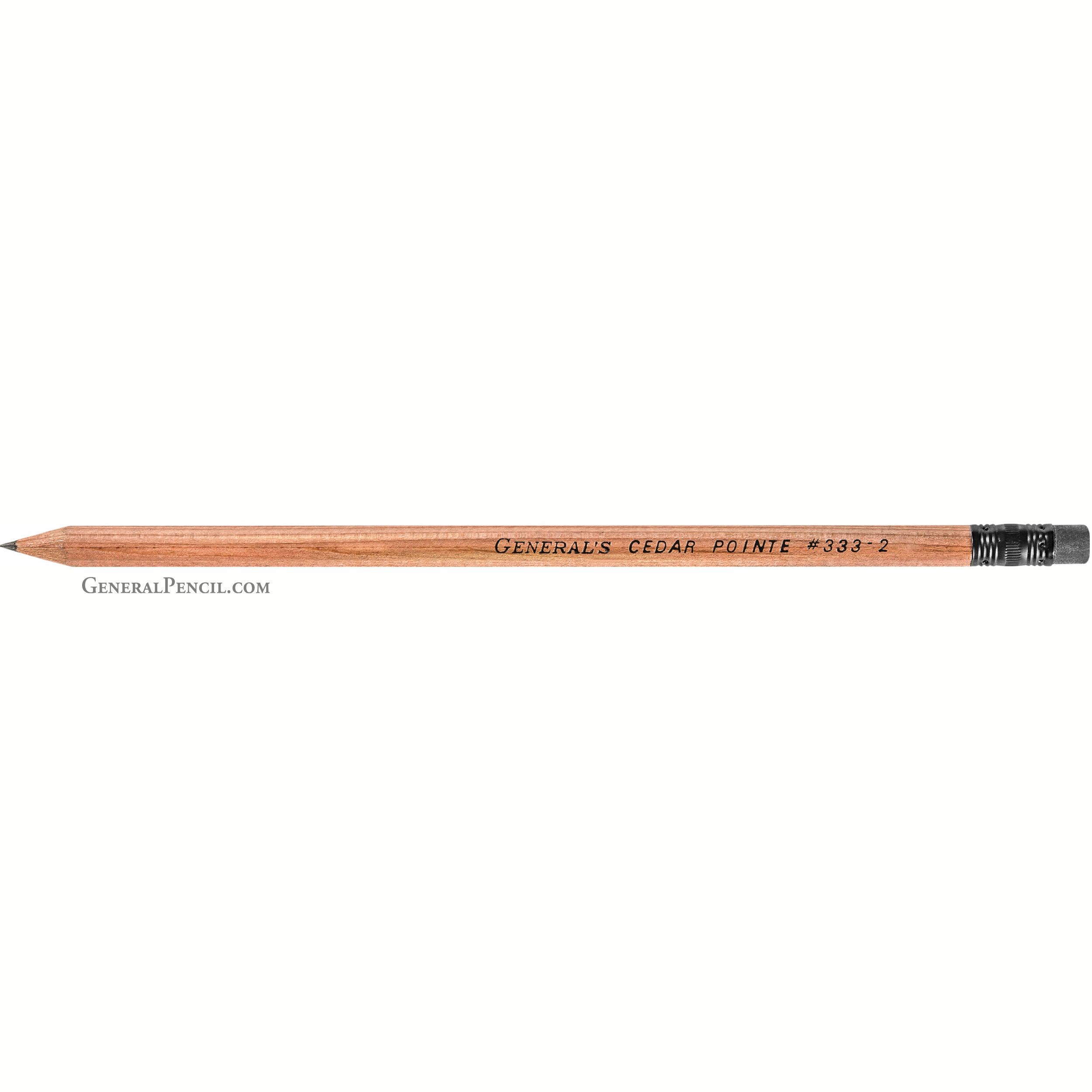 A wooden pencil with the text "General's® Cedar Pointe® #333-2" printed on its side. The pencil has a sharpened point at one end and a small, black, ribbed metal eraser holder with a black eraser at the other end.