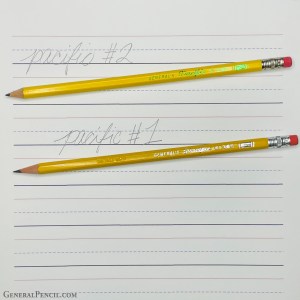 Two yellow pencils with red erasers are placed diagonally on a sheet of lined paper. The upper pencil, marked "Pacific™ #2," writes "Pacific™ #2" in light gray. The lower pencil, marked "Pacific™ #1," writes "Pacific™ #1" in a darker shade. "General Pencil" is visible at the bottom.