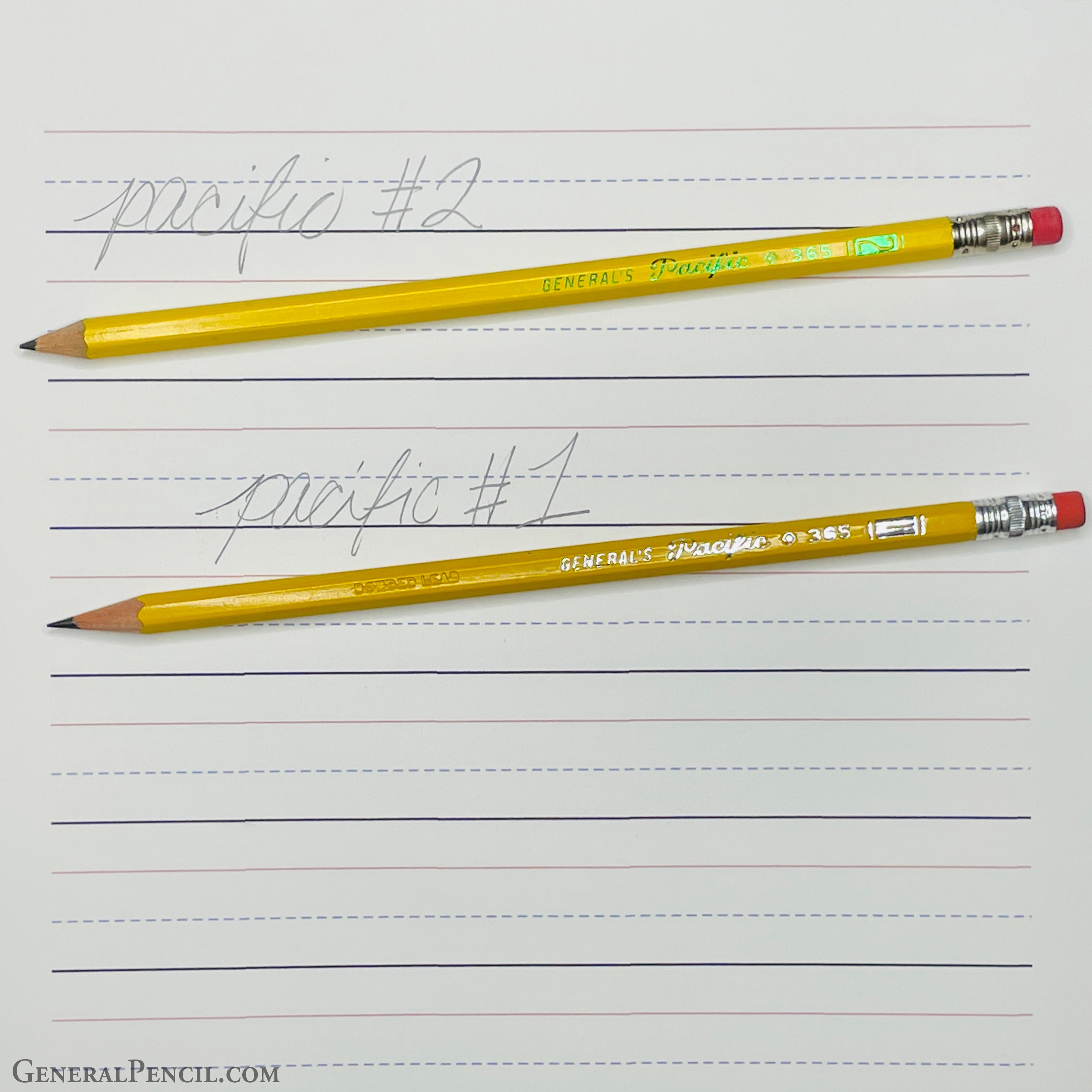 Two yellow pencils with red erasers are placed diagonally on a sheet of lined paper. The upper pencil, marked "Pacific™ #2," writes "Pacific™ #2" in light gray. The lower pencil, marked "Pacific™ #1," writes "Pacific™ #1" in a darker shade. "General Pencil" is visible at the bottom.