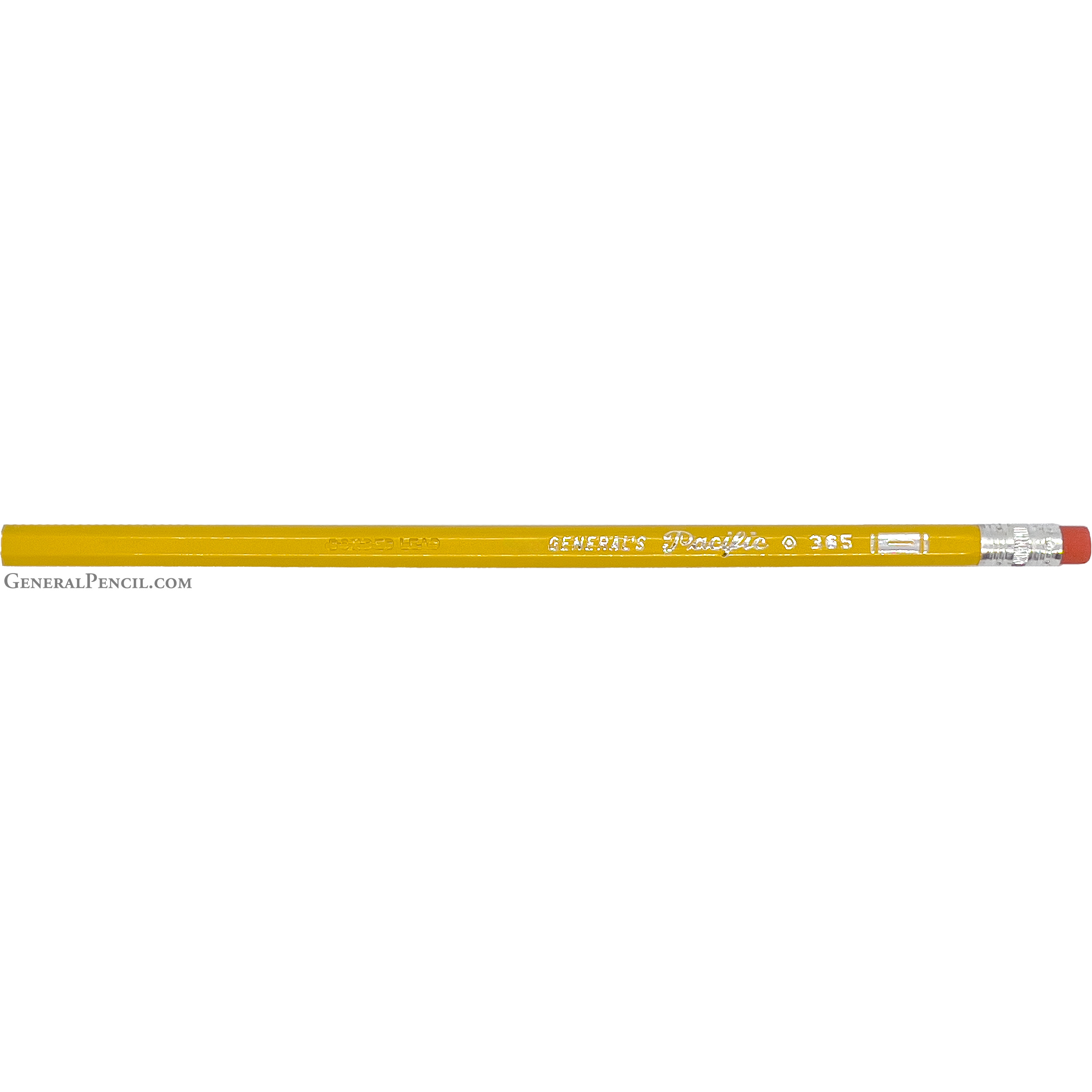 A yellow wooden pencil with a pink eraser at the end. The pencil has silver ferrule and the brand name "General Pencil" written on it in white. It is unsharpened and lays horizontally against a white background.