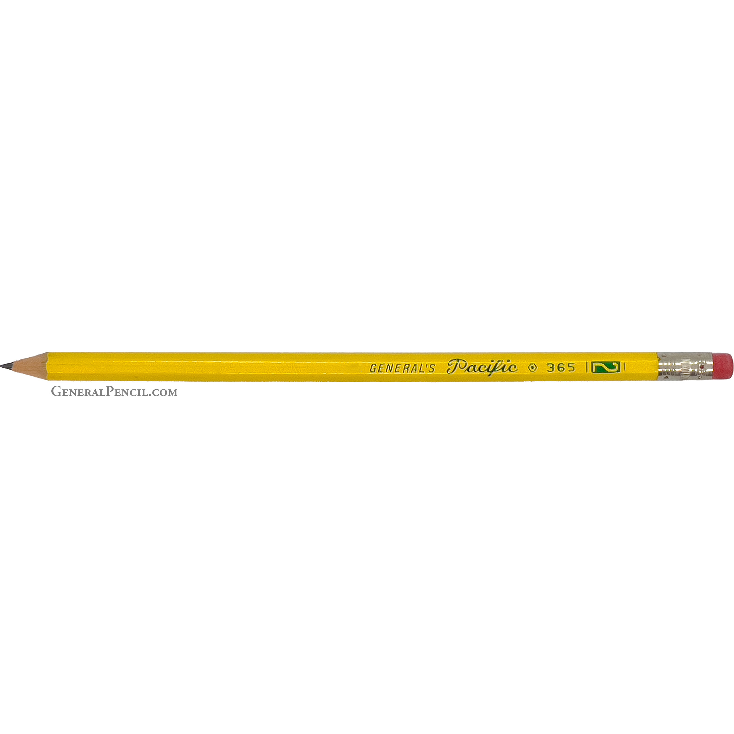 A yellow wooden pencil labeled "GENERAL'S® Pacific™ 365" with a sharpened graphite tip, a silver ferrule, and a pink eraser at the end. The pencil is displayed horizontally with the text oriented for easy reading.