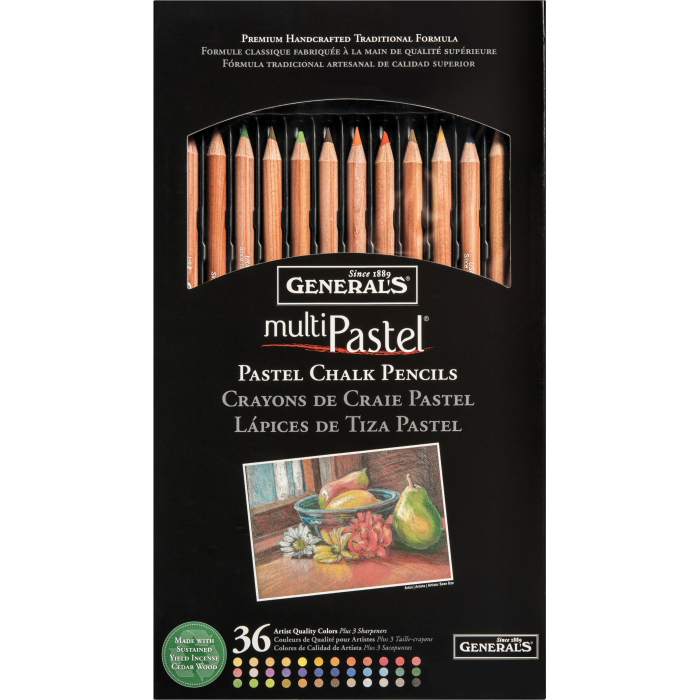 A black box of General's® multiPastel® chalk pencils containing 36 assorted colors. The top half of the box has clear plastic showing the pencils inside. An image of a colorful still-life drawing is displayed at the bottom center of the box.