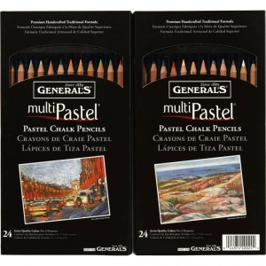 Two black boxes of General's® multiPastel® pastel chalk pencils are displayed. Each box contains 24 pastel chalk pencils, featuring a drawing of a scenic landscape on the front. The boxes highlight that these are premium handcrafted traditional formulas.