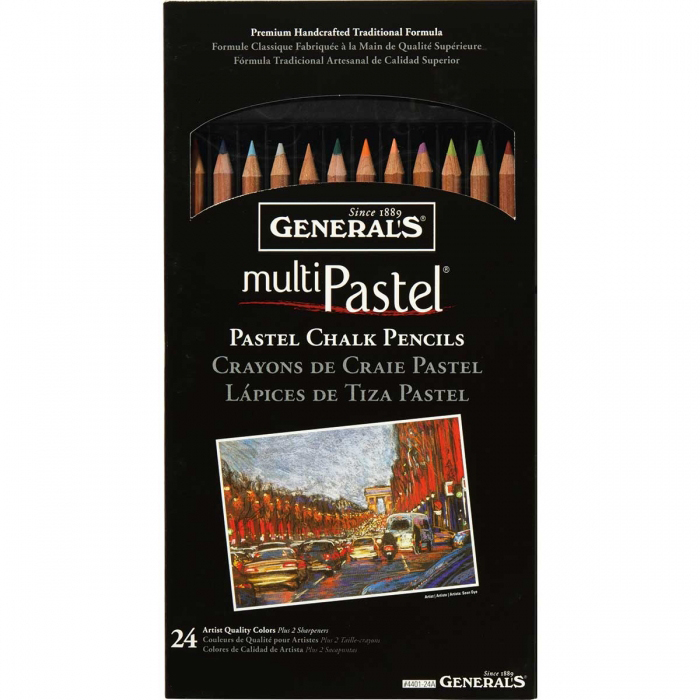 A black box of General's® multiPastel® Pastel Chalk Pencils set with 24 assorted colors displayed at the top. The front includes text in English, French, and Spanish, with an image of an outdoor scene featuring a street and buildings.
