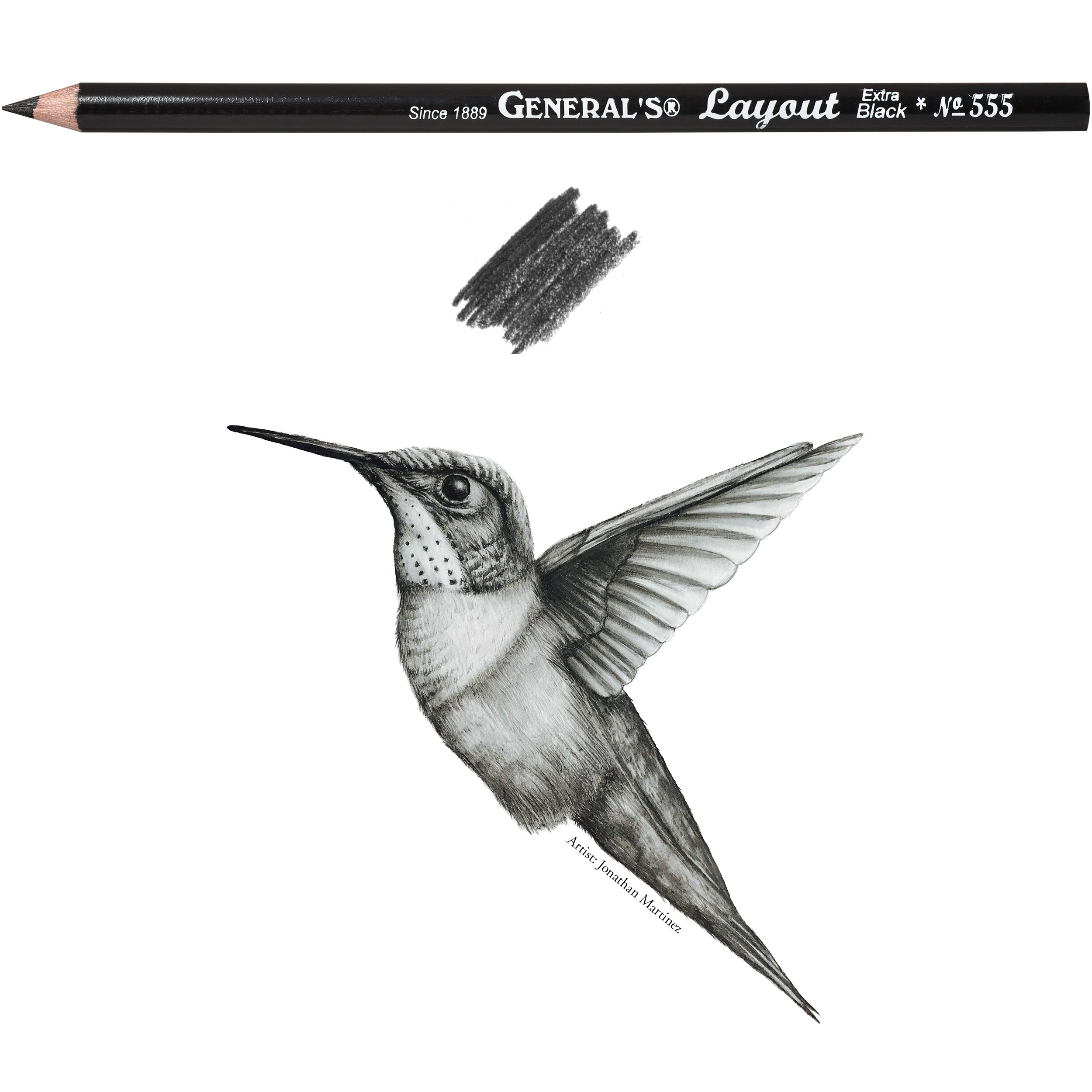 An illustration featuring a General's® Layout® Extra Black pencil (No. 555) with a black graphite tip. Below the pencil, there's a scribble of black graphite lines on a white background. "generalpencil.mom" is written at the bottom left corner.