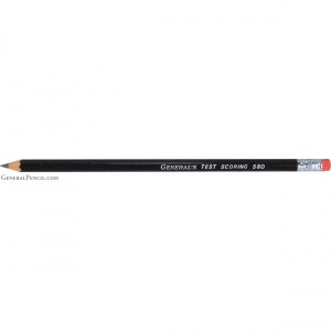 A black wooden pencil labeled "GENERAL'S® TEST SCORING 580". The pencil has a sharpened tip and a red eraser with a silver ferrule on the other end. The background is plain white.