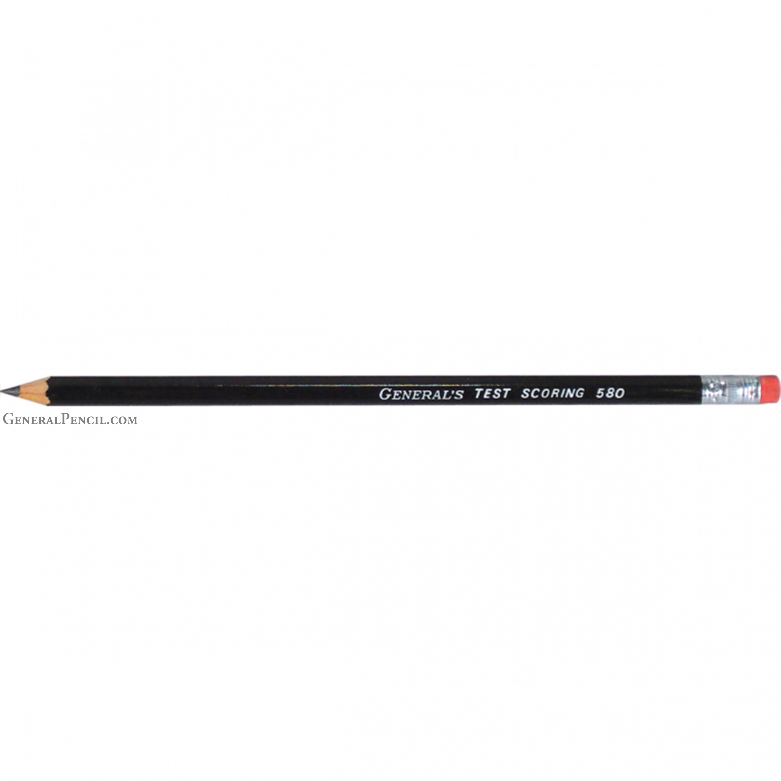 A black wooden pencil labeled "GENERAL'S® TEST SCORING 580". The pencil has a sharpened tip and a red eraser with a silver ferrule on the other end. The background is plain white.