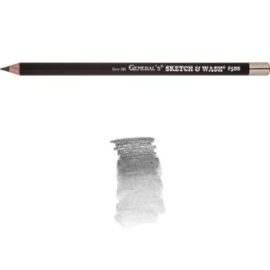 A black General's® Sketch & Wash® pencil labeled with "#588" lies horizontally above a shaded graphite drawing in greyscale. The pencil has a sharpened tip and a silver ferrule at the other end. The shading ranges from dark to light tones, indicating varied pressure.