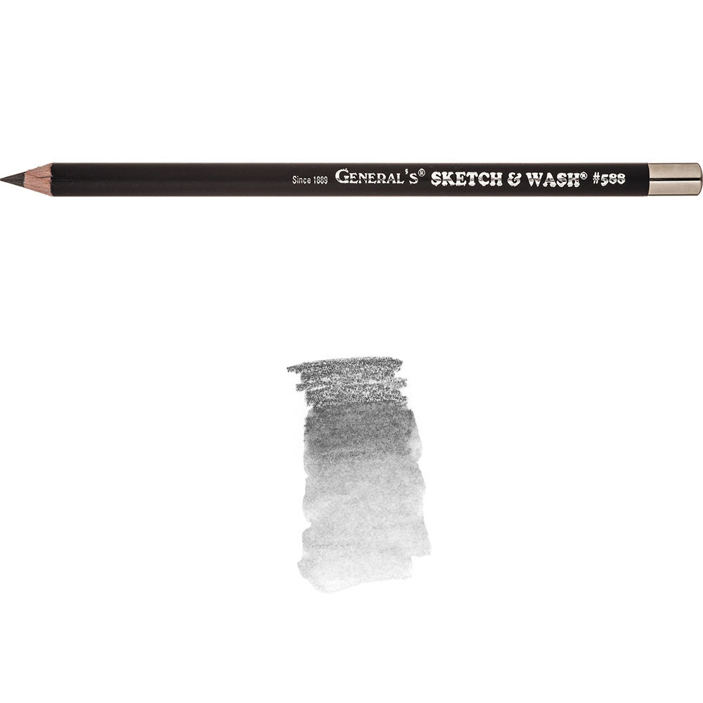 A black General's® Sketch & Wash® pencil labeled with "#588" lies horizontally above a shaded graphite drawing in greyscale. The pencil has a sharpened tip and a silver ferrule at the other end. The shading ranges from dark to light tones, indicating varied pressure.