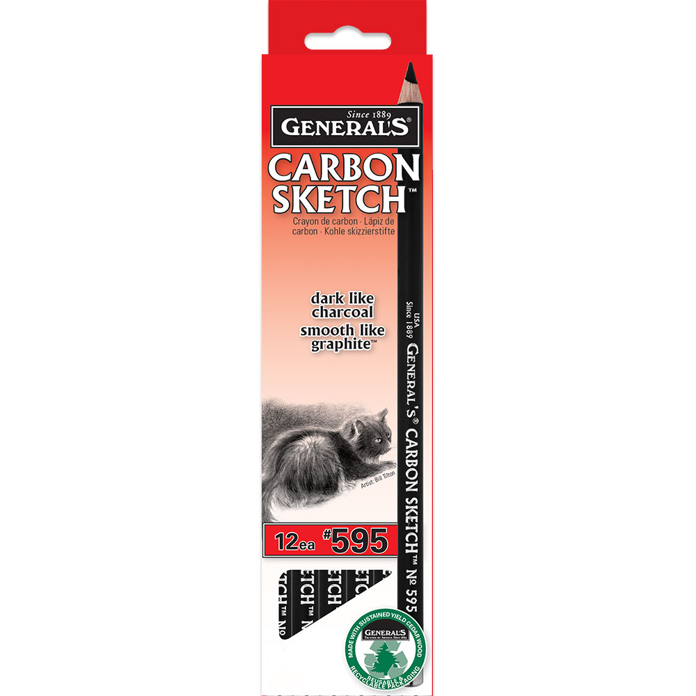 A box of Carbon Sketch™ Pencils by General's® is shown. The packaging features a drawing of a cat, branding text, and product details stating "dark like charcoal, smooth like graphite." The set contains 12 pencils numbered 595. The box is red and white.
