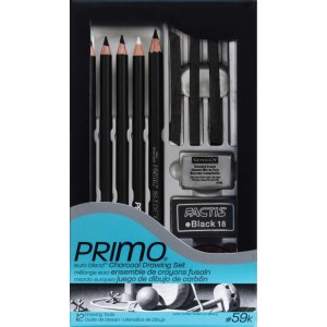 The image shows a Primo euro blend charcoal drawing set by General's, including 12 drawing tools. The set features charcoal pencils, compressed charcoal sticks, a kneaded eraser, a white charcoal pencil, a sharpening tool, and a blending stump, all within a black and blue packaging.