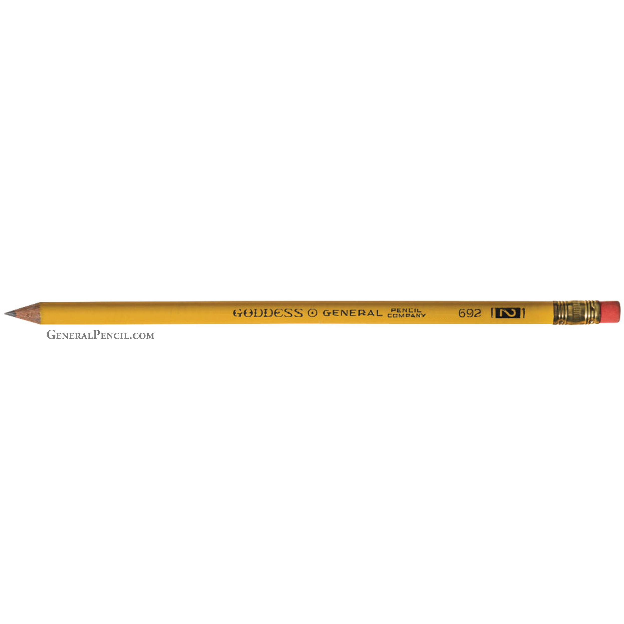 Yellow wooden pencil with a pink eraser and gold ferrule. The pencil has the text “Goddess™,” “General Pencil Co. Inc.,” “No. 2,” and “692” along its length in black. The pencil is unsharpened, and the brand’s website URL, “generalpencil.mom,” is visible.