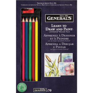 Image of a box of General's® watercolor pencils. The front of the box features six colored pencils in yellow, red, green, blue, brown, and black. The box also includes text in English, French, and Spanish indicating that these are for learning to draw and paint.