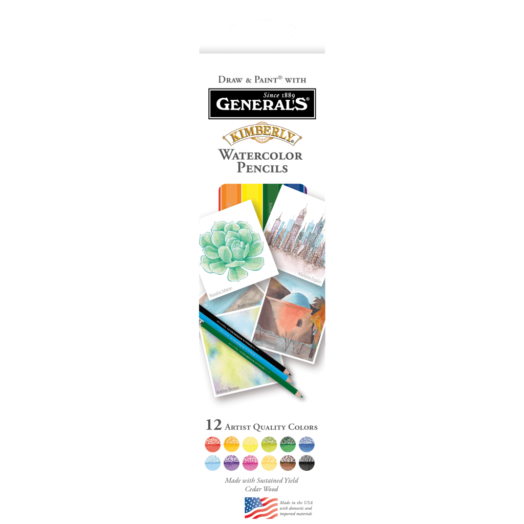 A pack of General's Kimberly Watercolor Pencils containing 12 artist-quality colors. The packaging includes the text "Draw & Paint with General's Since 1889" and shows examples of watercolor artwork, such as a succulent and a city skyline.