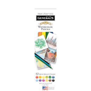 A pack of General's Kimberly Watercolor Pencils containing 12 artist-quality colors. The packaging includes the text "Draw & Paint with General's Since 1889" and shows examples of watercolor artwork, such as a succulent and a city skyline.