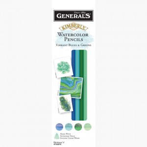 A pack of General's® Kimberly® Watercolor Pencils, showcasing "Vibrant Blues & Greens" with sample artwork pictures including a succulent, a blue and green abstract pattern, and a peacock feather. The colors range from blue to green. "Made with Sustained Yield Incense Cedar Wood" is noted.