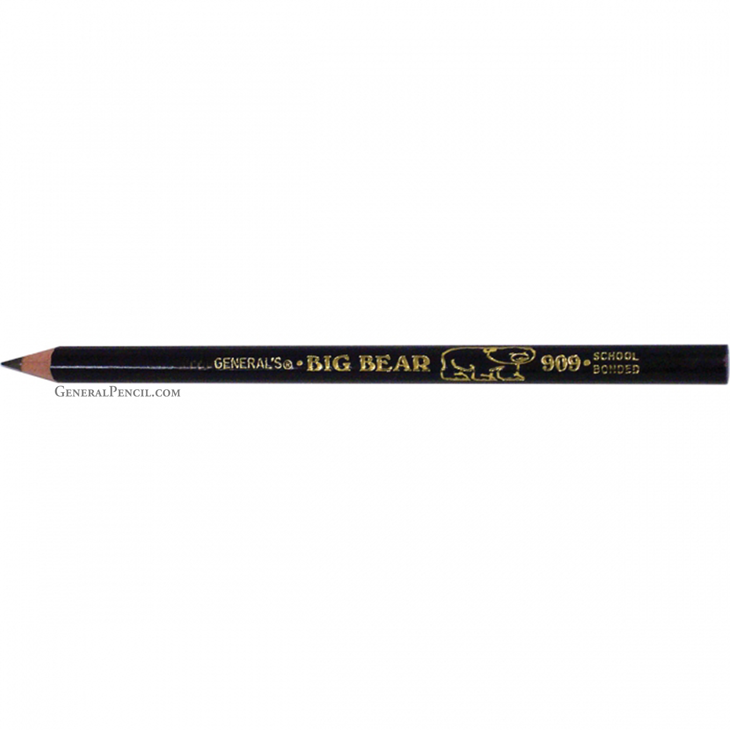 A sharpened black pencil with gold lettering reading "General's® Big Bear™ #905 School Bonded" and an illustration of a bear. The pencil is positioned horizontally against a plain white background.