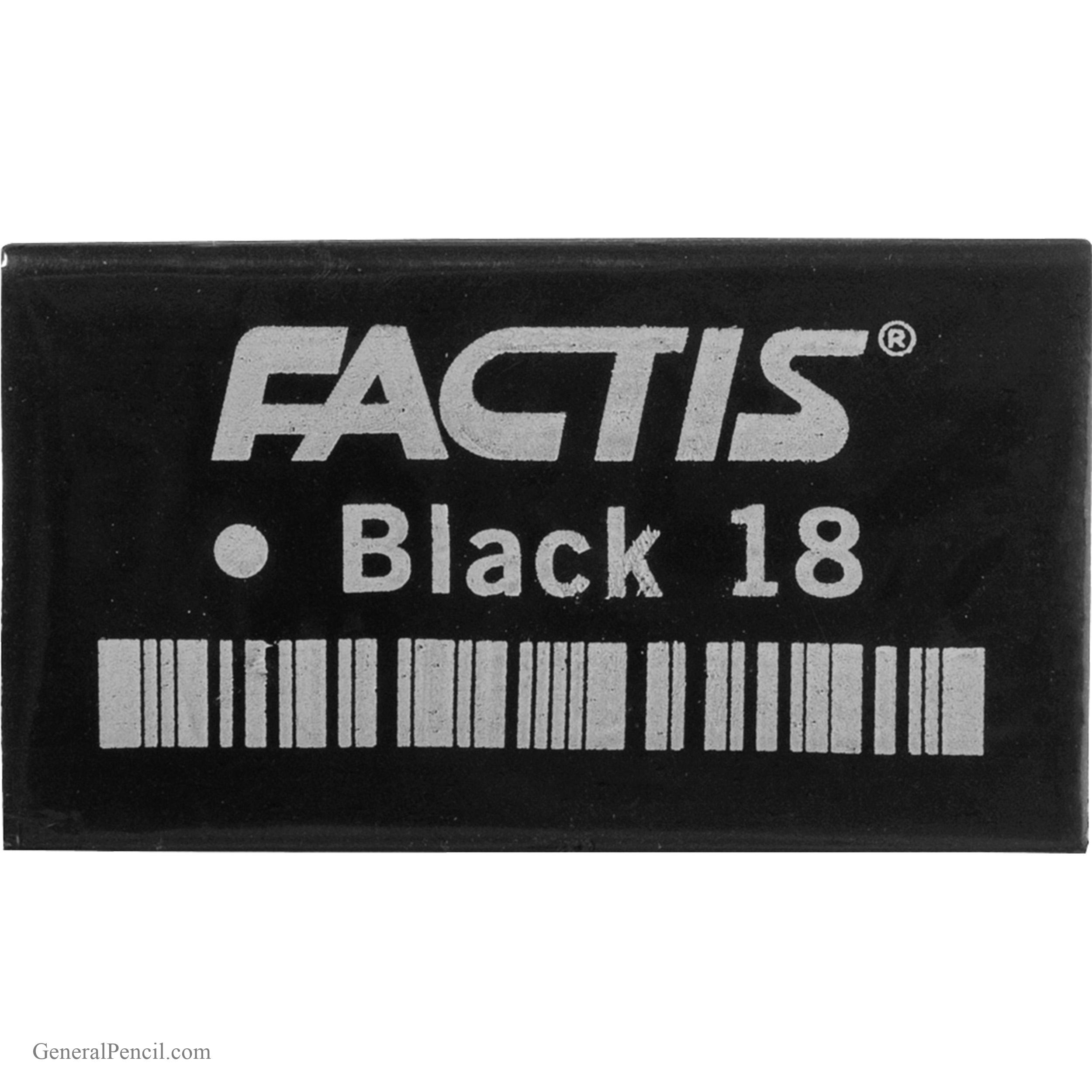 A rectangular black Factis® Magic Black™ Eraser with "FACTIS Black 18" and a white barcode printed on one side.
