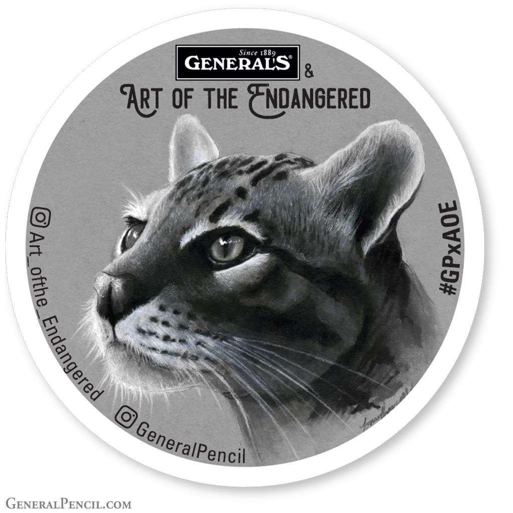 A circular graphic showcasing a detailed, black-and-white illustration of a wildcat's face. The text includes "Jonathan Martinez Collaboration Boxes", "Art of the Endangered", "@Art.ofthe.Endangered", "@GeneralPencil", and hashtag "#GPxAOE". The background is a soft gray.