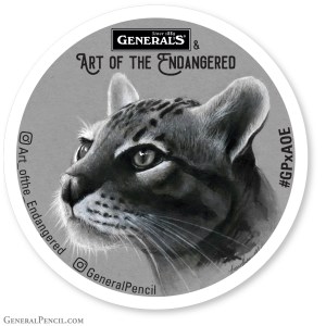 A circular graphic showcasing a detailed, black-and-white illustration of a wildcat's face. The text includes "Jonathan Martinez Collaboration Boxes", "Art of the Endangered", "@Art.ofthe.Endangered", "@GeneralPencil", and hashtag "#GPxAOE". The background is a soft gray.