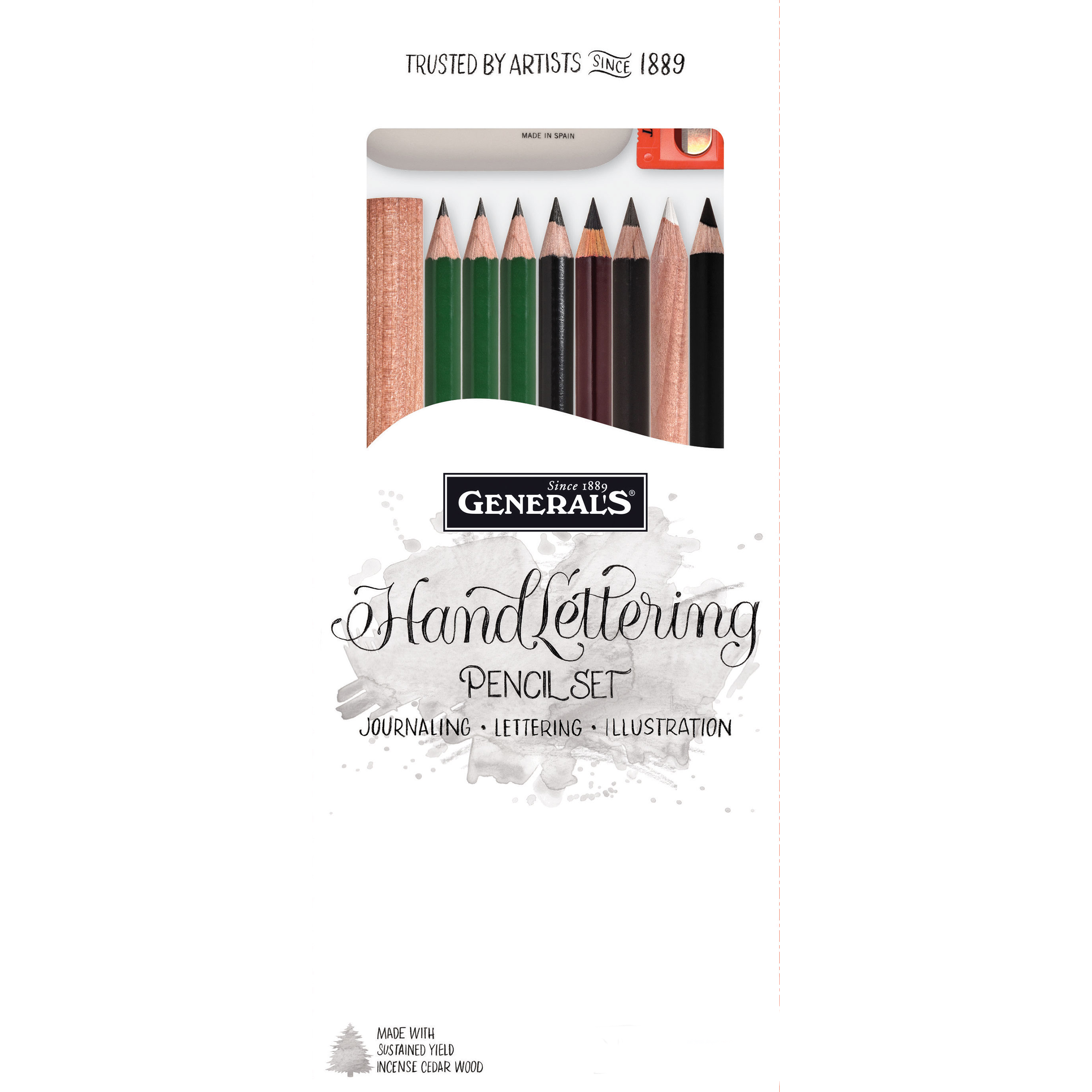 Experience the "Hand Lettering Pencil Set, 14 pieces," featuring a diverse array of pencils in various colors and types specifically crafted for journaling, lettering, and illustration.