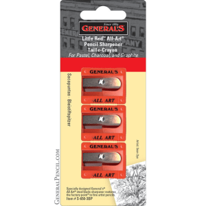 The "Little Red™ All-Art® Sharpener" by General's® comes in a clear plastic blister pack containing three red, single-hole metal sharpeners. The top of the card highlights its suitability for pastel, charcoal, and graphite, and proudly notes the brand's establishment since 1889.