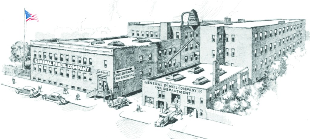 A vintage illustration of the General Pencil Company factory. It features two large connected brick buildings labeled "General Pencil Company" and "General Pencil Company Ink Department". Various trucks and cars are shown around the premises. An American flag waves in the background.