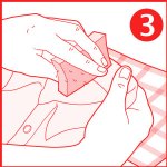 Illustration of two hands holding and folding a Kiss-Off® Stain Remover, with the number 3 in a red circle on the top right corner. The background features a red and white checkered pattern.