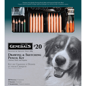 The Classic Drawing & Sketching Kit, 22 Pieces by General’s includes graphite, charcoal, and pastel pencils (20 total), plus an eraser and sharpener, shown above a border collie pencil drawing.