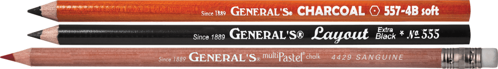 3 General's® Brand Pencils that are horizontal and stacked on top of each other. Top Pencil: Since 1889 General's® Charcoal 557-4B Soft, Signature Orange barrel with white imprint. Sharpened to expose the charcoal core and sustained yield cedar wood. Middle Pencil: Since 1889 General's® Layout Pencil Extra Black No. 555, Black barrel with white imprint. Sharpened to expose the Layout® graphite core and sustained yield cedar wood. Bottom Pencil: Since 1889 General's® MultiPastel® chalk 4429 Sanguine, natural cedar wood finish with white imprint. Sharpened to expose the sanguine pastel chalk core and sustained yield cedar wood. Finished with a silver ferrule and white eraser.