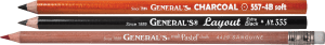 3 General's® Brand Pencils that are horizontal and stacked on top of each other. Top Pencil: Since 1889 General's® Charcoal 557-4B Soft, Signature Orange barrel with white imprint. Sharpened to expose the charcoal core and sustained yield cedar wood. Middle Pencil: Since 1889 General's® Layout Pencil Extra Black No. 555, Black barrel with white imprint. Sharpened to expose the Layout® graphite core and sustained yield cedar wood. Bottom Pencil: Since 1889 General's® MultiPastel® chalk 4429 Sanguine, natural cedar wood finish with white imprint. Sharpened to expose the sanguine pastel chalk core and sustained yield cedar wood. Finished with a silver ferrule and white eraser.