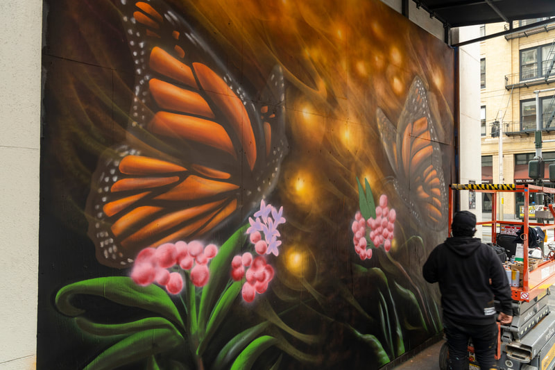 Image of an in-progress monarch butterfly mural with two monarch butterflies each perched atop a green leafy plant with red berries and pink flowers. The background is orange with "glowing" spots. A man in a black hat, black hoodie sweatshirt, and black pants is standing next to an orange and grey scissor lift that is in front of the mural. Across the street there is a multistory city building.