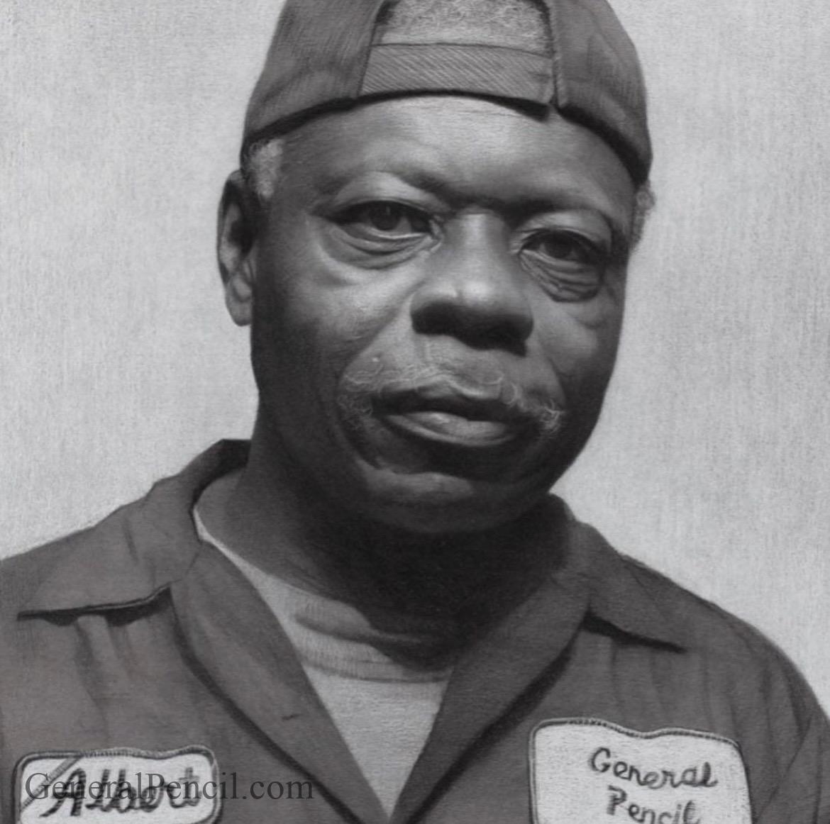 A grayscale portrait of an older man wearing a backward cap and a work uniform with patches that read "General Pencil." The man has a serious expression and is looking directly at the camera. Artist David Kassan.
