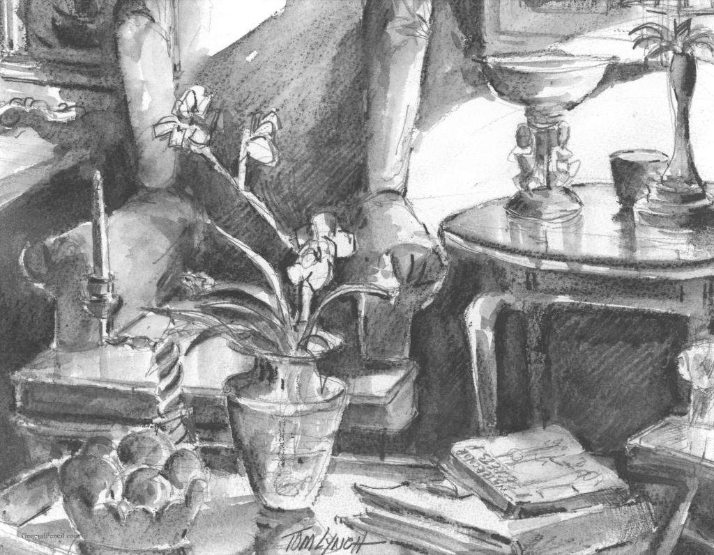 A detailed black and white drawing depicts a cozy indoor scene. A potted plant with blooming flowers sits on a table surrounded by books and a fruit bowl. A statue or figurine appears in the background, next to a candle and another table holding more items. Artist Tom Lynch.