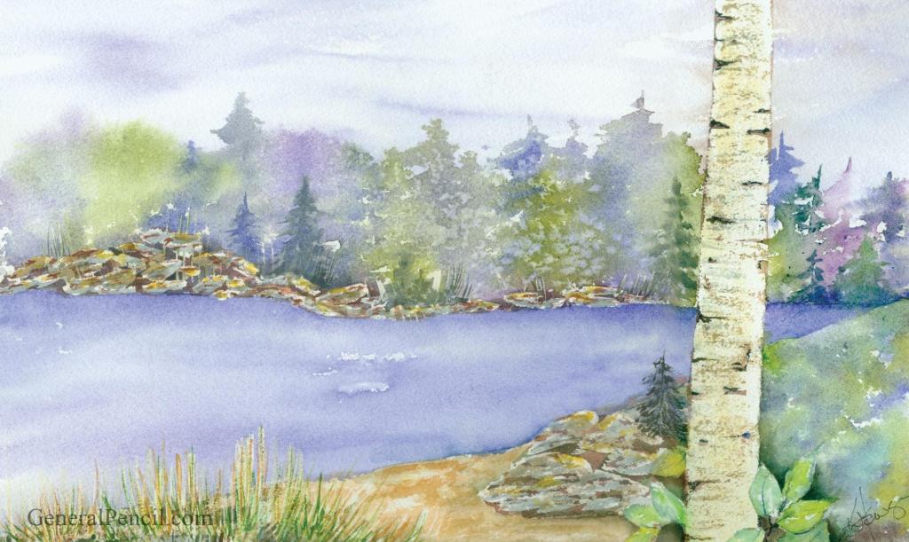 Watercolor painting of a serene lakeside scene. A birch tree is in the foreground on the right, with reeds and rocks near the water's edge. The background features a dense forest with various shades of green and purple foliage and a misty sky. Artist Kathi Hanson.