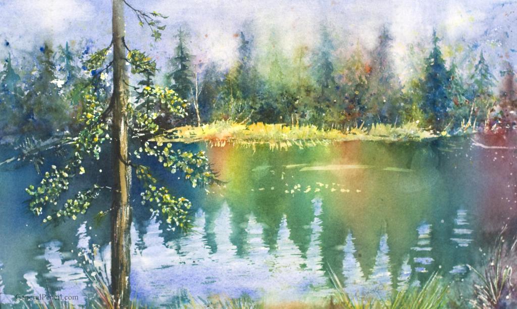 A serene watercolor painting of a forest landscape features a calm lake reflecting trees along the shoreline. A tall pine stands in the foreground, while the background blends vibrant greens, blues, and soft purples, depicting lush foliage under a hazy sky. Artist Kathi Hanson.